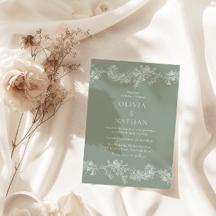 Invitation Vintage Élégance Classic Floral Sage Vert Mariage