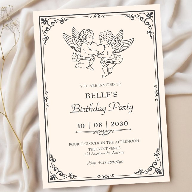 Invitation Vintage elegant angels birthday  (Créateur téléchargé)