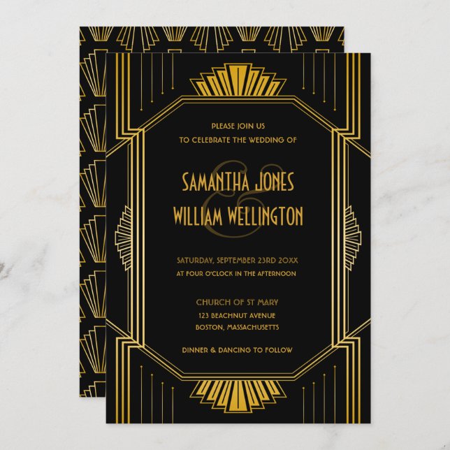 Invitation Vintage élégant Art Déco Black Gold Mariage (Devant / Derrière)