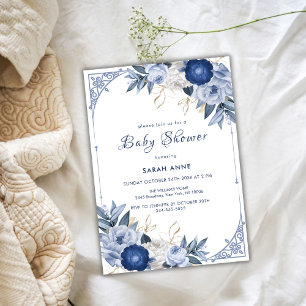 Invitation Vintage Elegant Baby shower à cadre de fleurs bleu