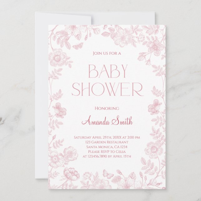 Invitation Vintage Elegant Chinoiserie Baby shower Floral (Devant)