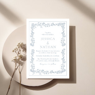 Invitation Vintage Elégant Dusty Blue Floral Frame Mariage