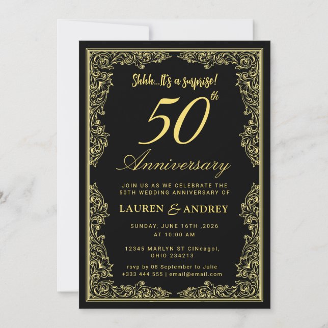 Invitation  Vintage Elegant Golden  Wedding Anniversary (Devant)