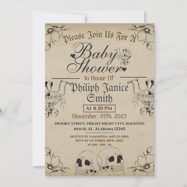 Invitation Vintage Elegant Gothic, Baby shower Halloween (Devant)