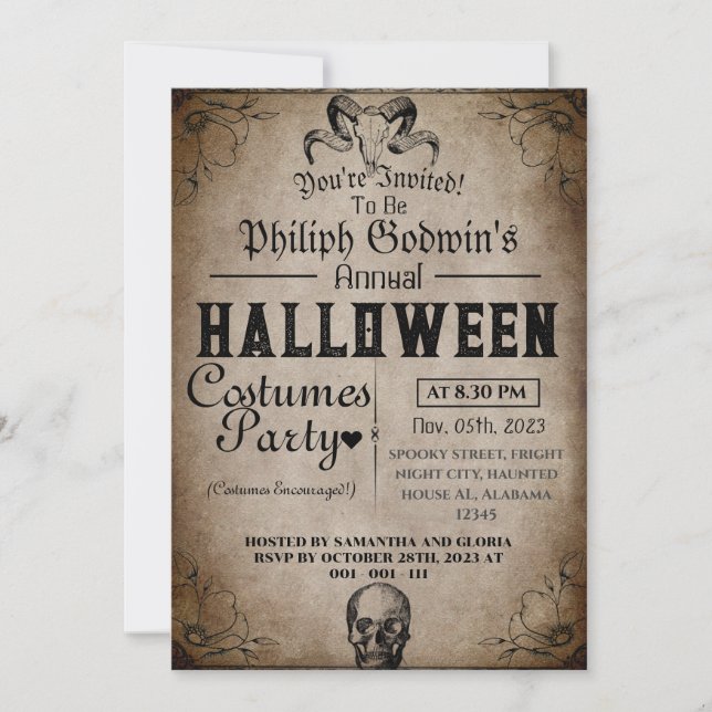 Invitation Vintage Élégant Gothique Halloween Costume Party d (Devant)