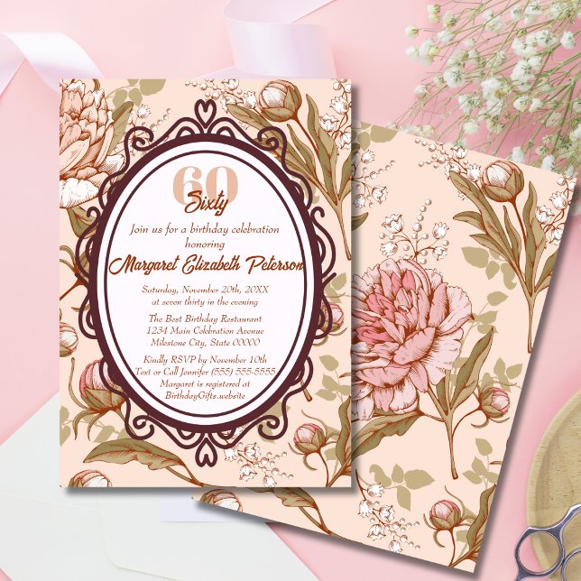 Invitation Vintage Élégant Jalon Floral Femmes Anniversaire (Créateur téléchargé)
