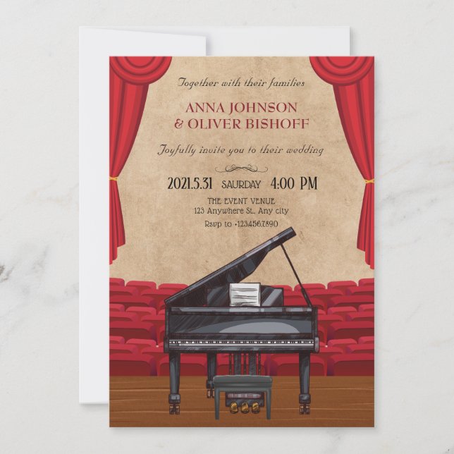 Invitation Vintage élégant piano mariage (Devant)