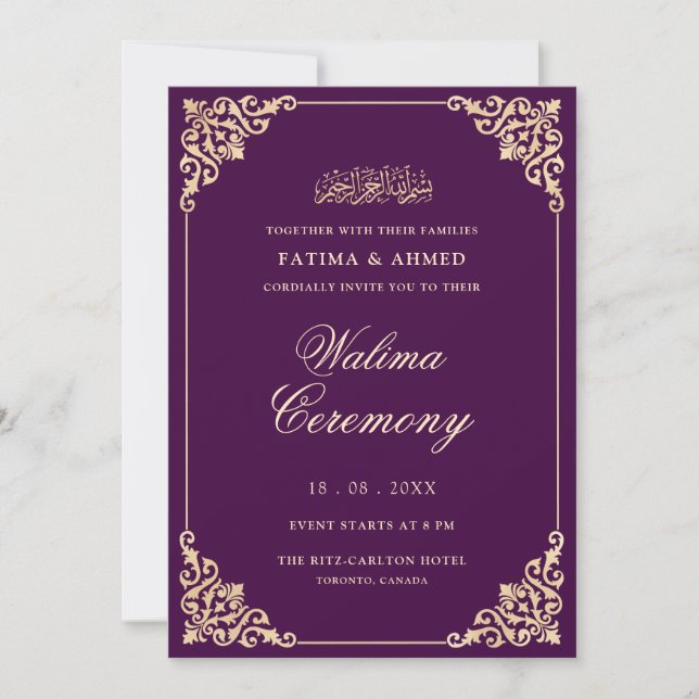 Invitation Vintage Elegant Purple Gold Script Walima Cérémoni (Devant)