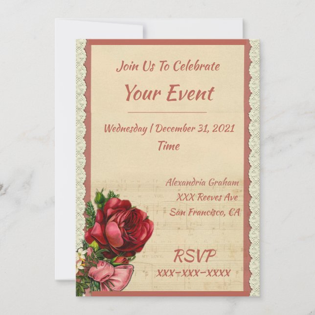 Invitation Vintage Élégant Romantique Floral Rose Dentelle Tr (Devant)