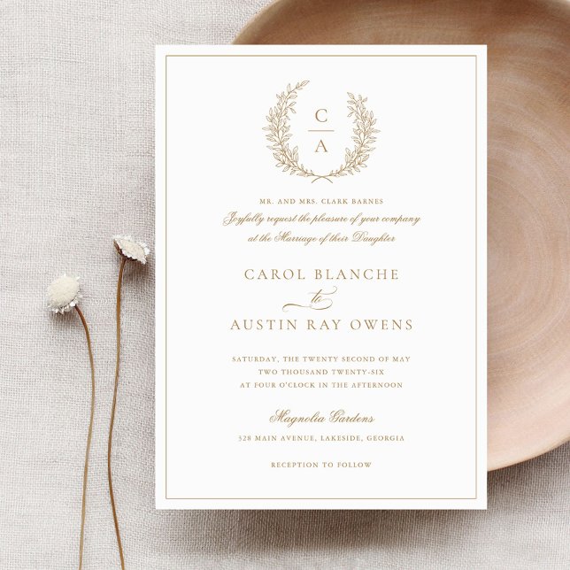 Invitation Vintage Elegant Wreath Gold Mariage frontière (Créateur téléchargé)