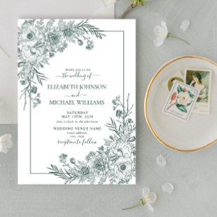 Invitation Vintage Emerald Floral Line Art Script Mariage