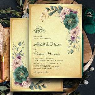 Invitation Vintage Emerald Floral QR Code Mariage musulman