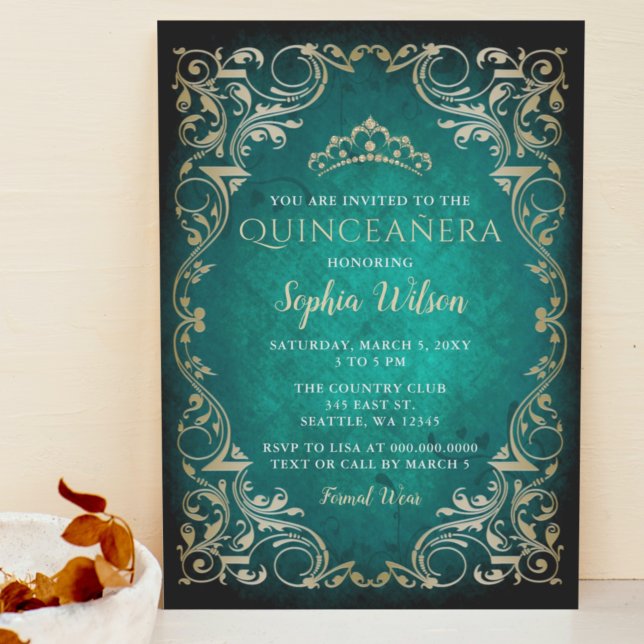 Invitation Vintage Emerald Gold Princesse Tiara Quinceañera (Créateur téléchargé)