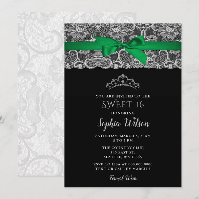 Invitation Vintage Emerald Green Ribbon Lace Sweet 16 (Devant / Derrière)