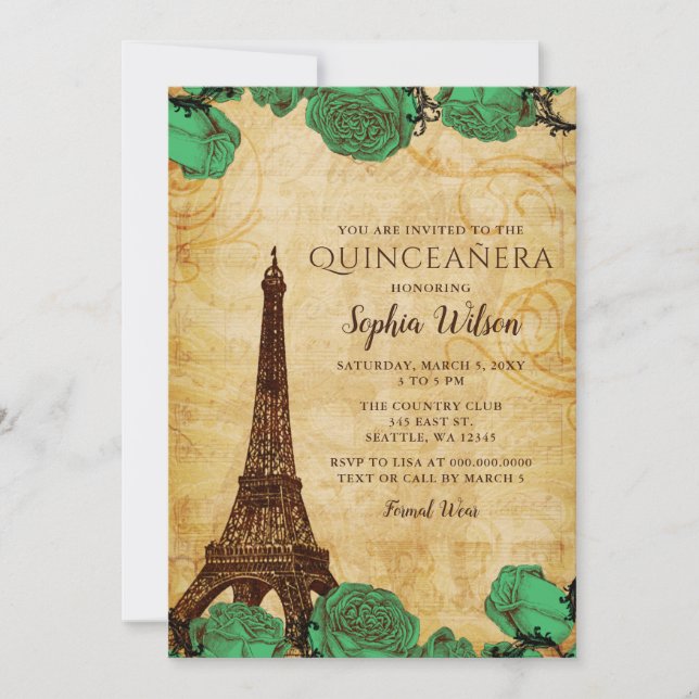 Invitation Vintage Emerald Roses Tour Eiffel Quinceañera (Devant)