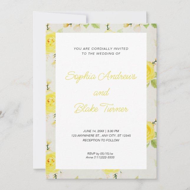 Invitation Vintage et élégant Mariage Floral Jaune (Devant)