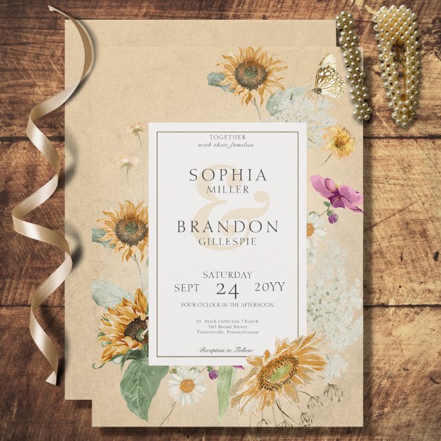 Invitation Vintage été tournesol Mariage floral (Créateur téléchargé)