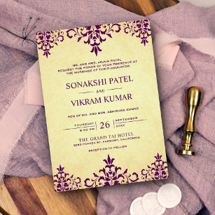 Invitation Vintage Ethnic Purple Damask Indien Mariage