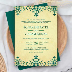 Invitation Vintage ethnie Turquoise Damask Mariage indien