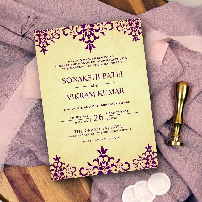 Invitation Vintage Ethnique Pourpre Damassé Mariage Indien (Créateur téléchargé)