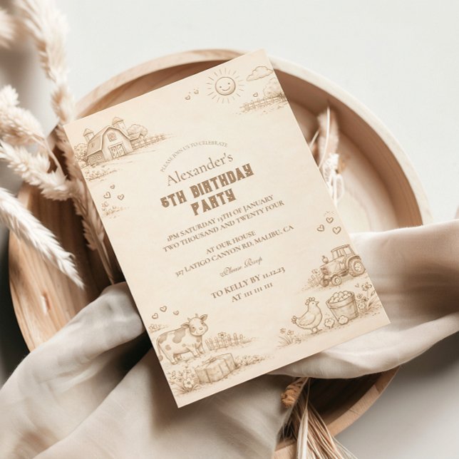 Invitation Vintage Farm Sketch Storybook Kids Birthday (Créateur téléchargé)