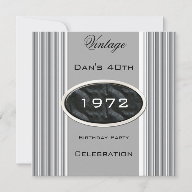 Invitation Vintage fête d'anniversaire 40th Silver Metal Blac (Devant)
