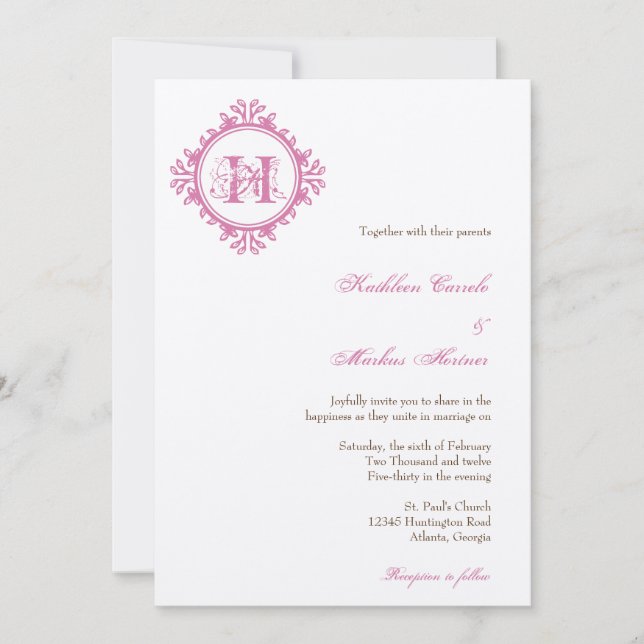 Invitation Vintage feuilles rose pourriture cadre mariage mon (Devant)
