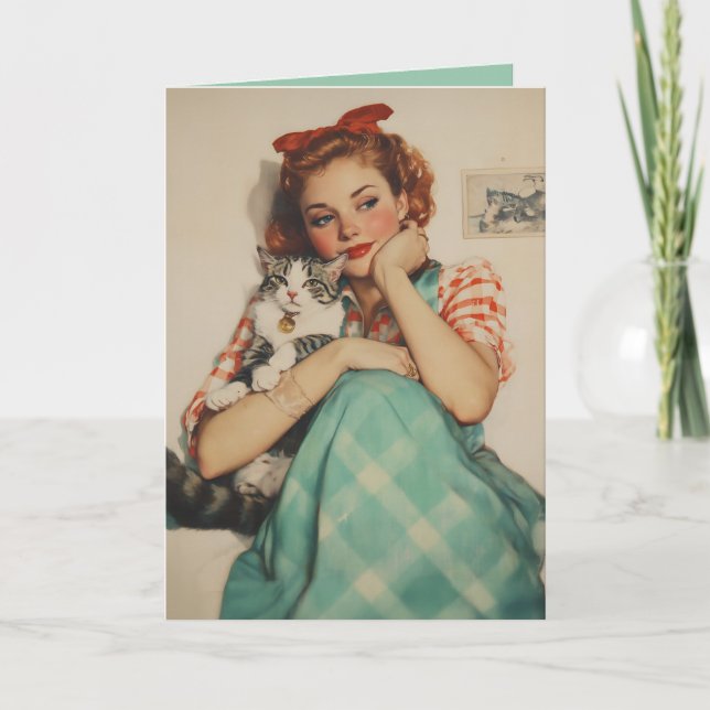 Invitation Vintage fille avec chat (Devant)