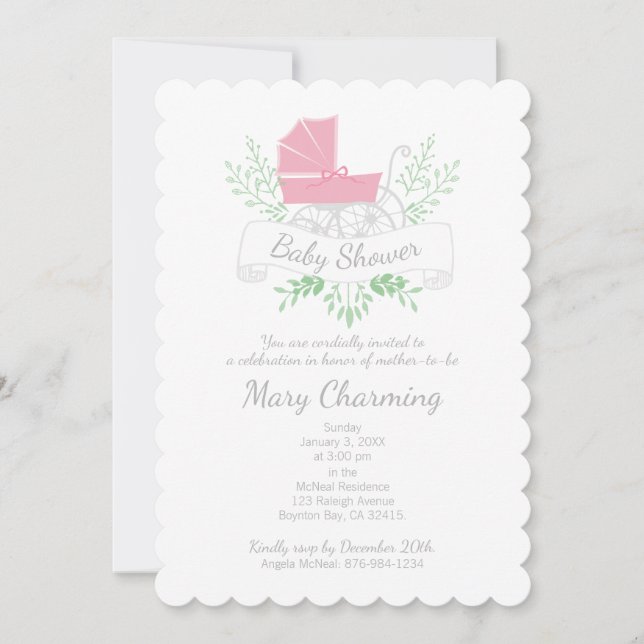 Invitation vintage fille BABY SHOWER rose prin (Devant)