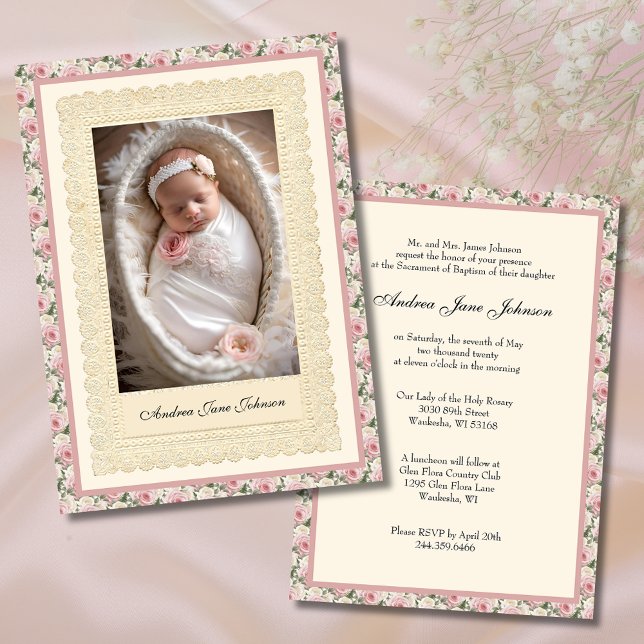Invitation Vintage fille Baptême rose Roses Photo (Créateur téléchargé)