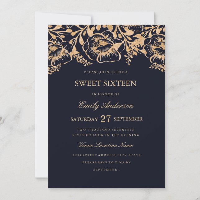 Invitation Vintage Fleur Navy pour une Sweet Sixte (Devant)