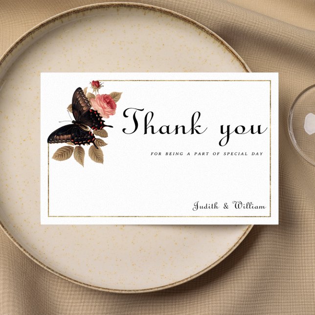 Invitation Vintage fleuri Merci brun rose papillon (Vintage brown gold pink butterfly floral Thank You)