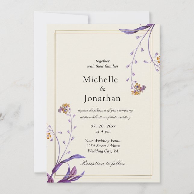 Invitation Vintage Fleurs violettes simples Mariage chrétien (Devant)