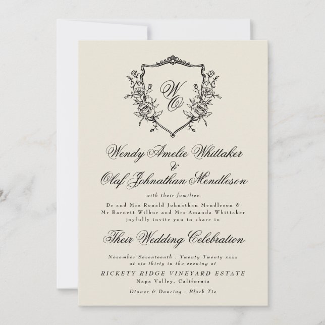 Invitation Vintage Flora Wreath Cream & Back Monogram Wedding (Devant)