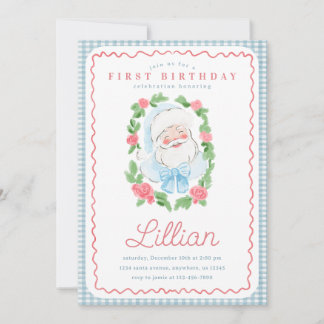 Invitation Vintage Floral and Gingham Santa Birthday