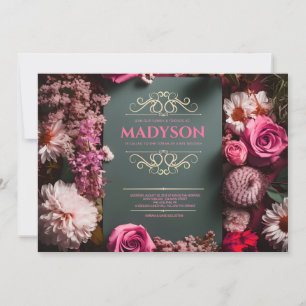 Invitation Vintage Floral Black Cravate Flourdissant rose Bat