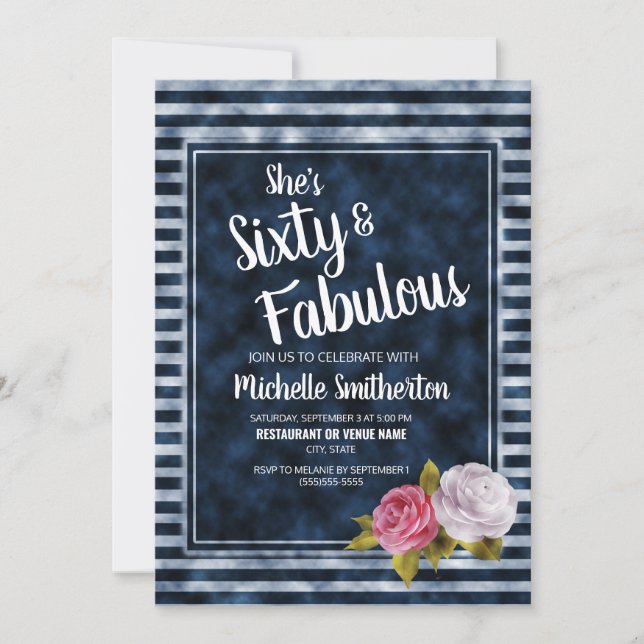 Invitation Vintage Floral Bleu Blancs 60e anniversaire (Devant)