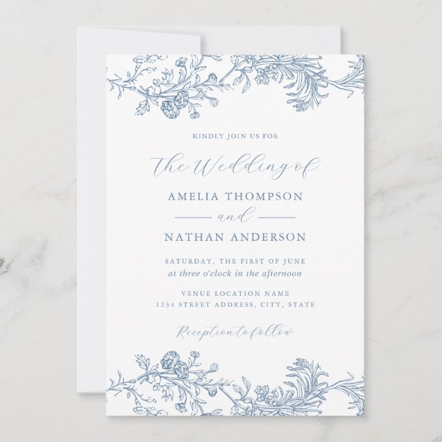 Invitation Vintage Floral Blue Mariage (Devant)