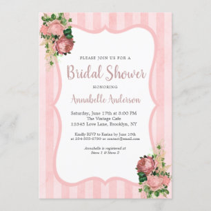 Invitation Vintage Floral Blush Pink Stripes Fête des mariées