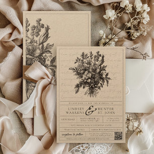 Invitation Vintage Floral Boho Rustique Kraft Mariage chrétie