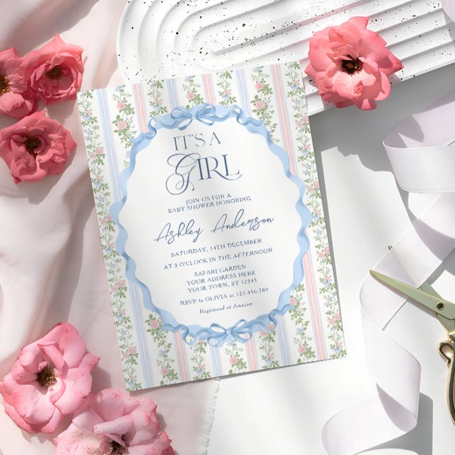 Invitation Vintage Floral Bow C'est un Baby shower de fille (Créateur téléchargé)