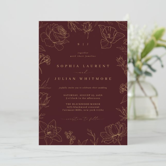 Invitation Vintage Floral Burgundy & Gold Garden Wedding (Debout devant)