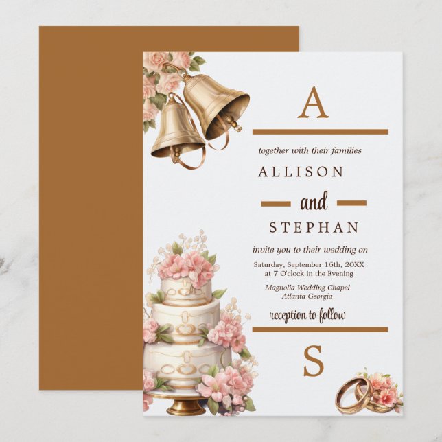 Invitation Vintage Floral Cake Mariage Bells (Devant / Derrière)