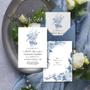 Invitation Vintage Floral Chinoiserie Fête des mariées bleue