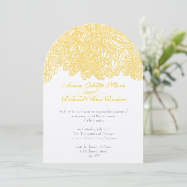 Invitation Vintage Floral Chrysanthemum gris et jaune (Debout devant)