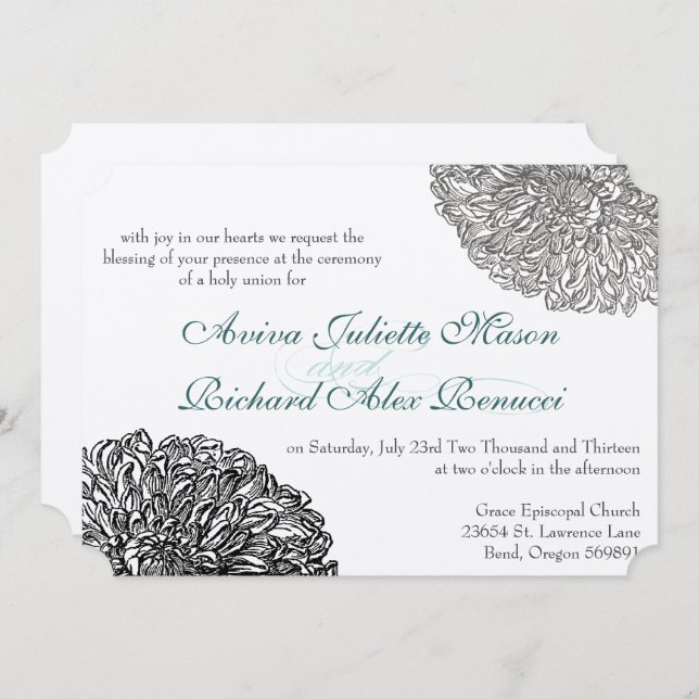 Invitation Vintage Floral Chrysanthemum Gris Turquoise Aqua (Devant / Derrière)