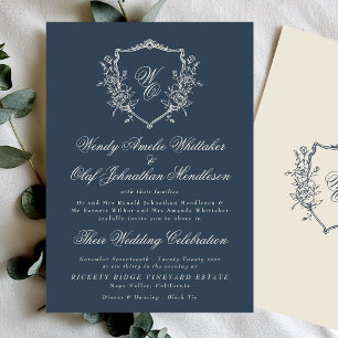 Invitation Vintage Floral Crest Marine & Crème Monogram Maria