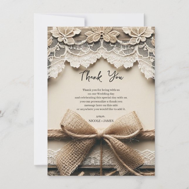 Invitation Vintage Floral Dentelle Burlap Rustique Merci (Devant)