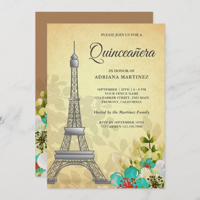 Invitation Vintage Floral Eiffel Tour Quinceanera (Devant / Derrière)