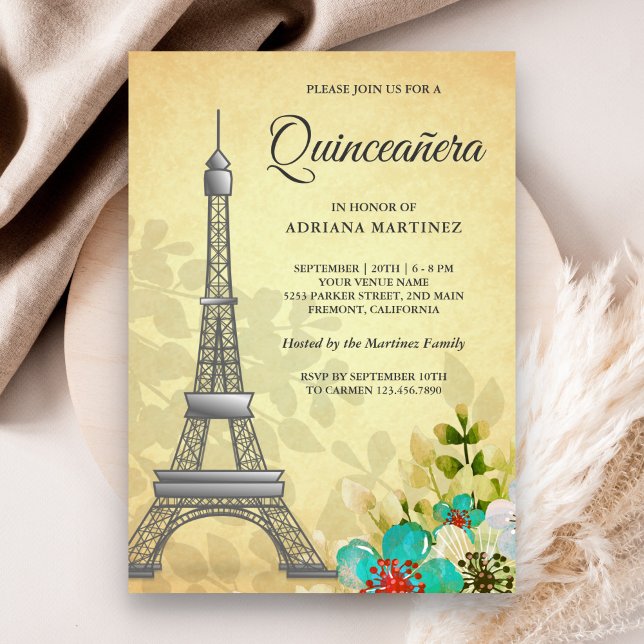 Invitation Vintage Floral Eiffel Tour Quinceanera (Créateur téléchargé)
